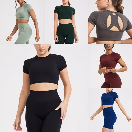 Großhandel 6-teiliges, exquisites, sexy, nahtloses Yoga-Workout-Kleidung mit offenem Rücken für Frauen, maßgeschneiderter Sport-BH + bauchfreies Top + Laufshorts + Leggings, hochwertiges Activewear-Set