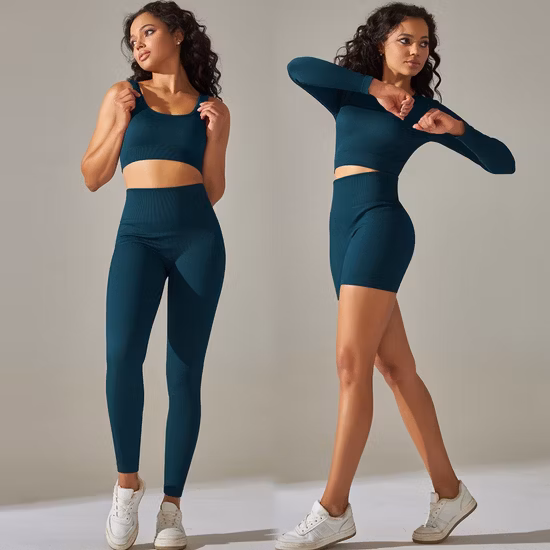 Schwarzer Winter-Trainingsanzug mit niedlichem Rückenausschnitt, nahtlose Sportbekleidung für Damen, langärmliges Strickoberteil mit Camo-Muster + dehnbare Leggings, Trainingskleidung